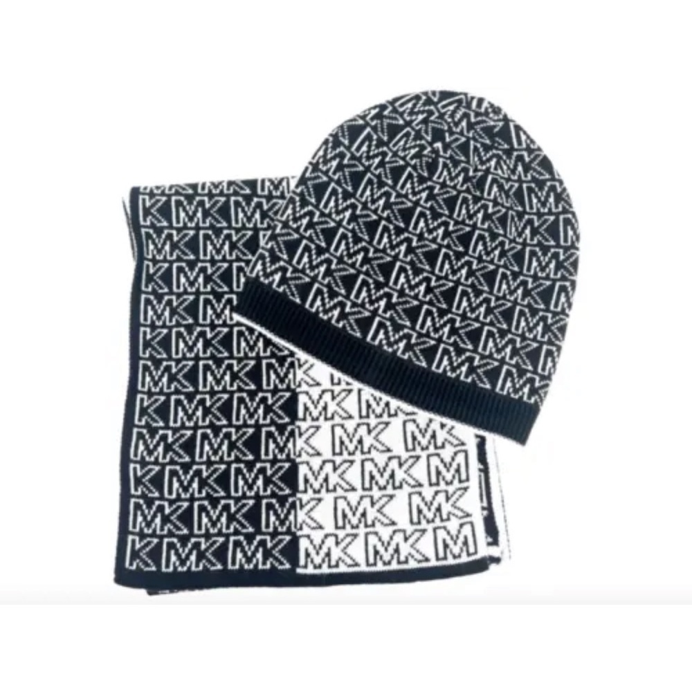 NWT Michael Kors Split Logo Scarf Beanie Bellyband Set Black White One Size